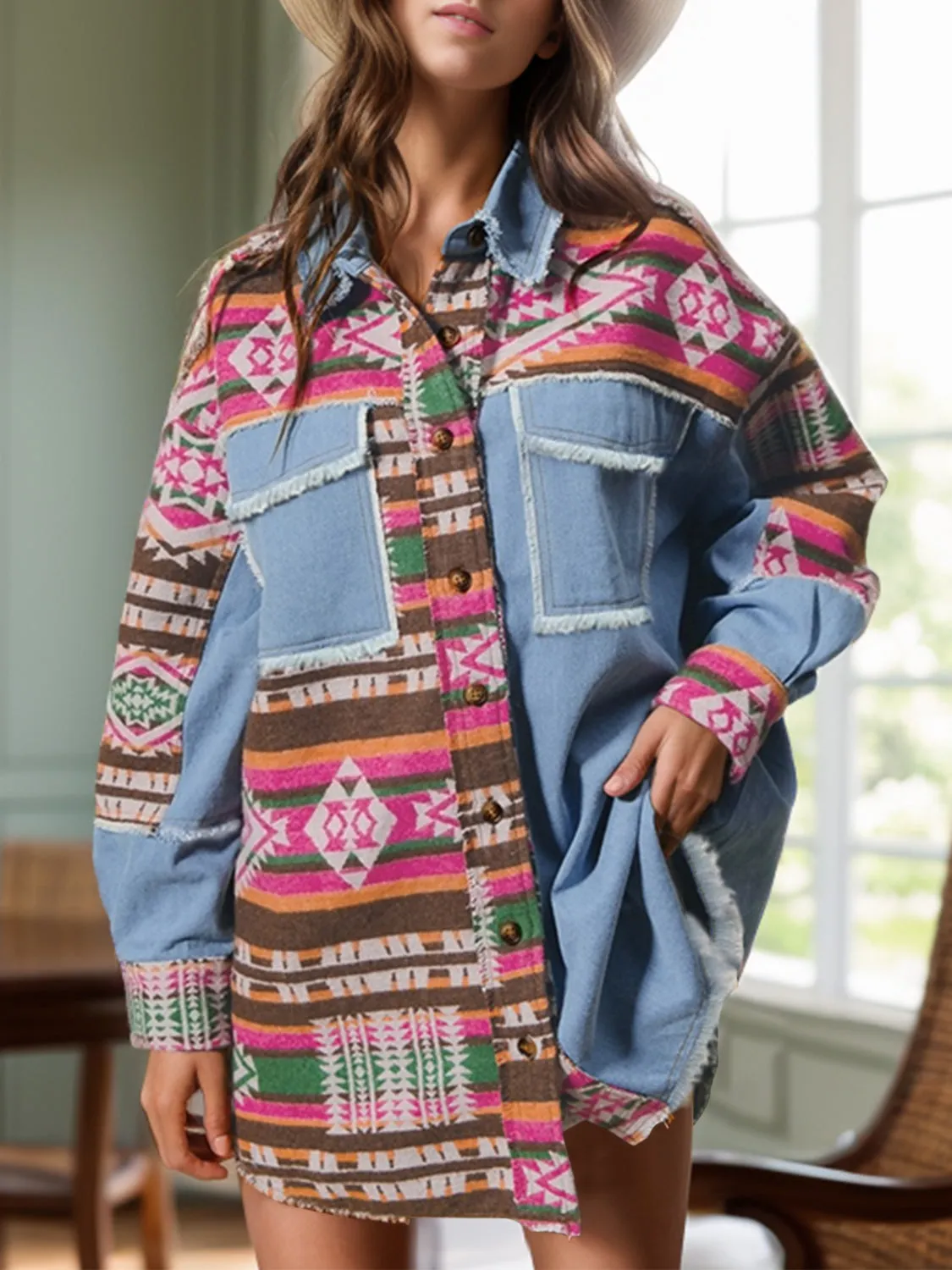 🌟 Geometric Collared Neck Long Sleeve Shacket 🌟
