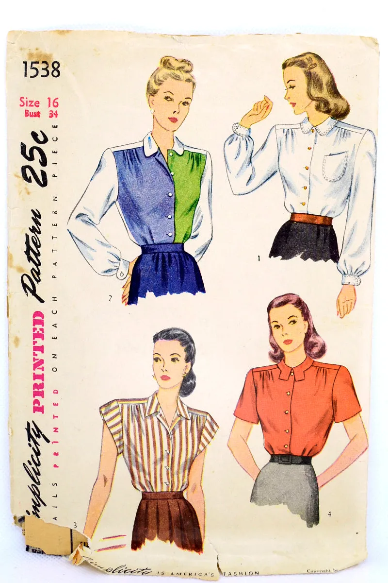 1946 Vintage Simplicity 1538 Blouse Sewing Pattern