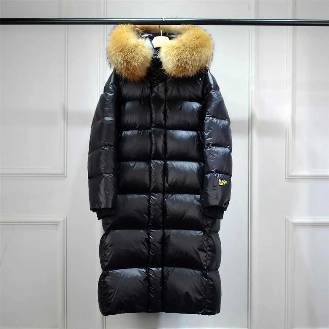 Adhdyuud Women Fur Long Puffer Jacket Winter Thick White Duck Down Coat Bright Black Waterproof Parkas