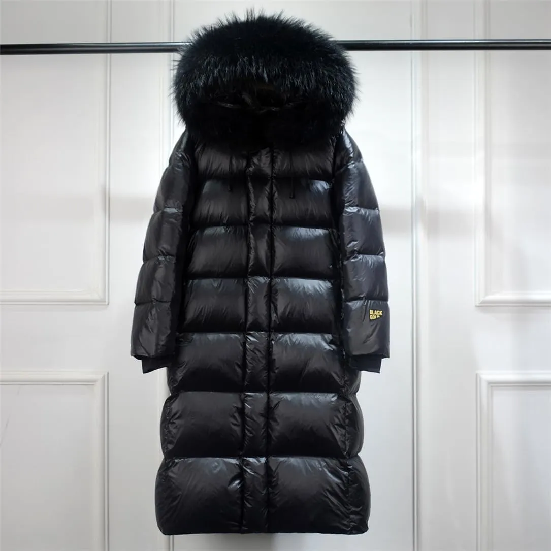 Adhdyuud Women Fur Long Puffer Jacket Winter Thick White Duck Down Coat Bright Black Waterproof Parkas