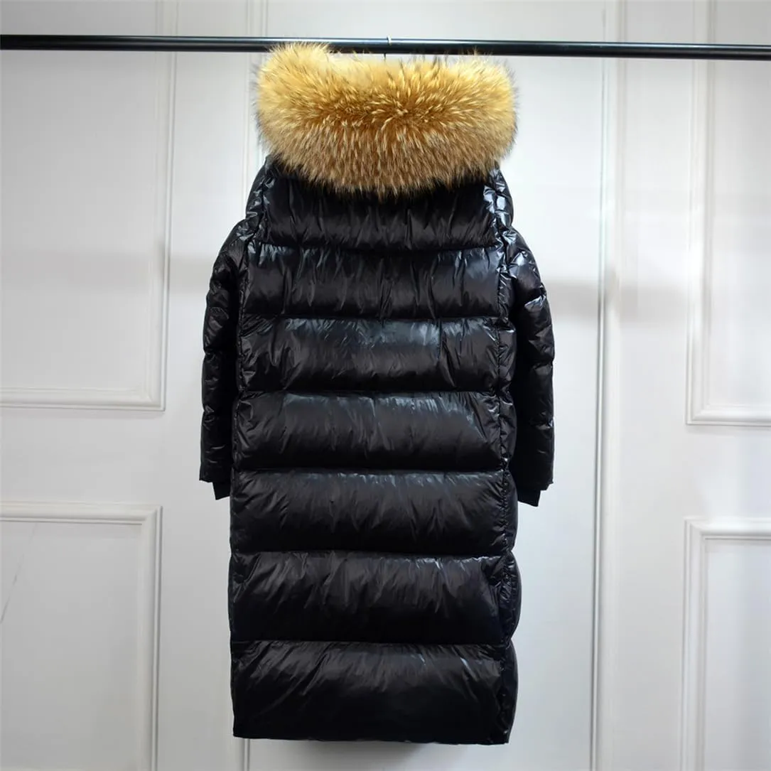 Adhdyuud Women Fur Long Puffer Jacket Winter Thick White Duck Down Coat Bright Black Waterproof Parkas