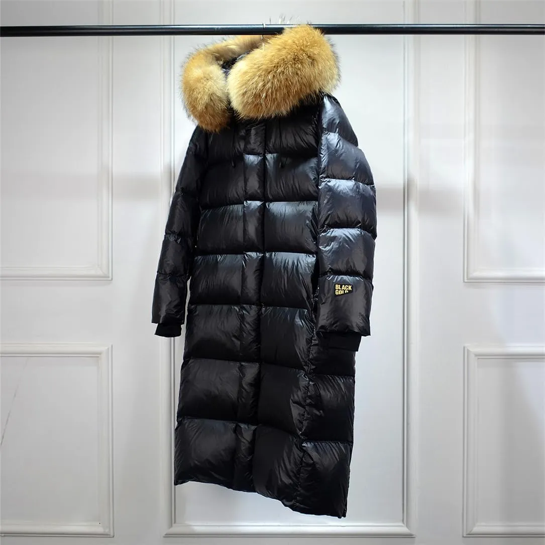Adhdyuud Women Fur Long Puffer Jacket Winter Thick White Duck Down Coat Bright Black Waterproof Parkas