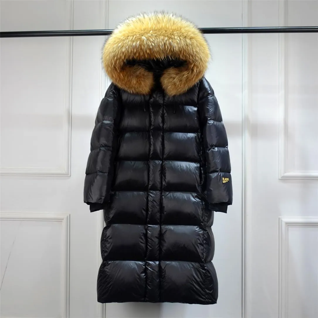 Adhdyuud Women Fur Long Puffer Jacket Winter Thick White Duck Down Coat Bright Black Waterproof Parkas