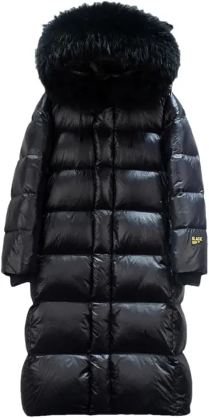 Adhdyuud Women Fur Long Puffer Jacket Winter Thick White Duck Down Coat Bright Black Waterproof Parkas