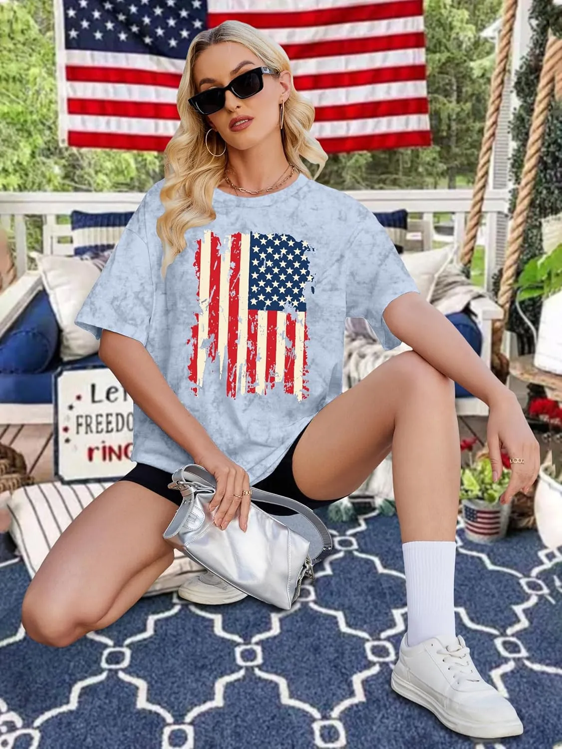 American Flag Shirt: USA Shirt for Women Oversized 4th of July Shirts Patriotic T-Shirt Bleached Short Sleeve Tops