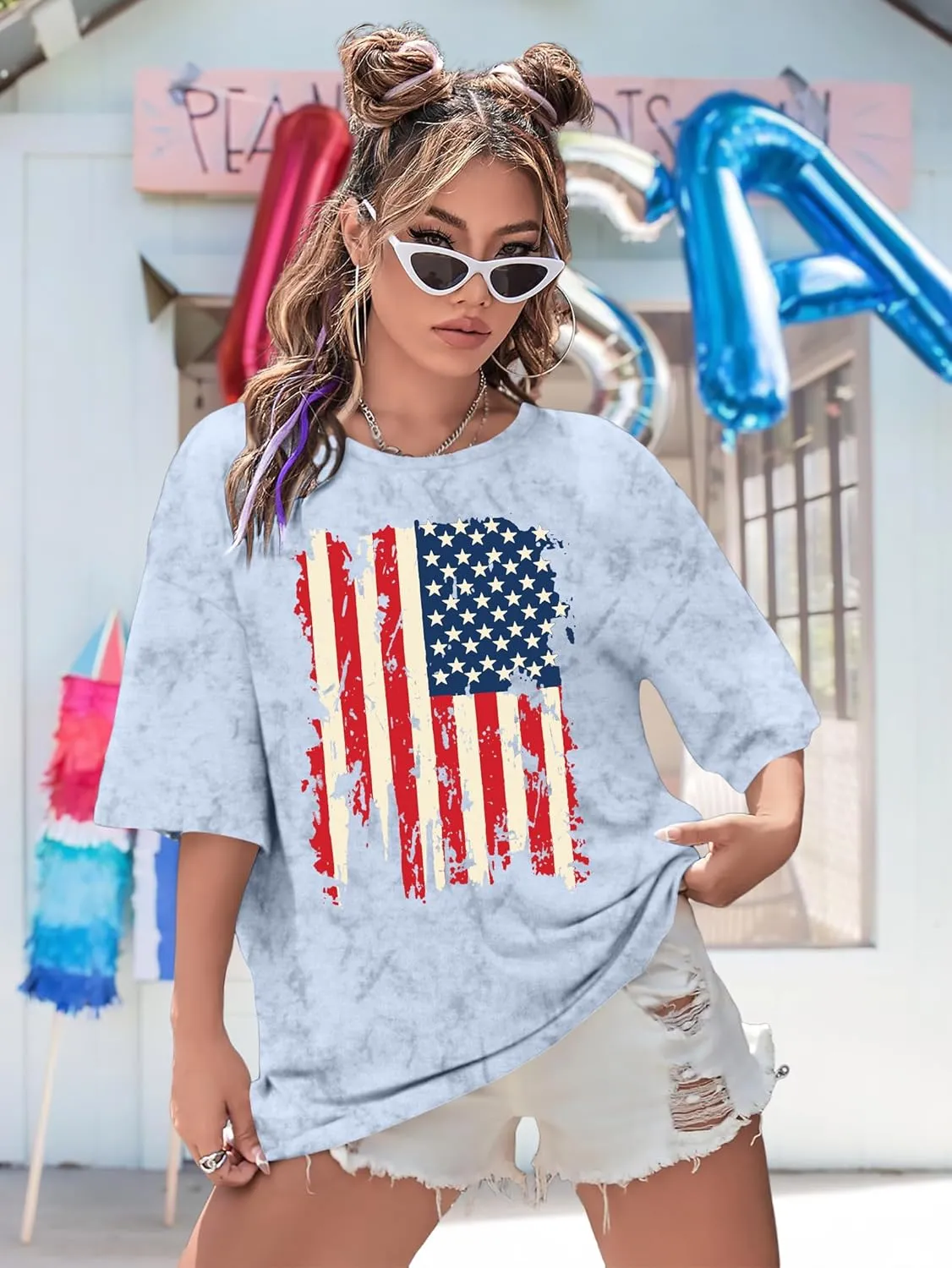 American Flag Shirt: USA Shirt for Women Oversized 4th of July Shirts Patriotic T-Shirt Bleached Short Sleeve Tops