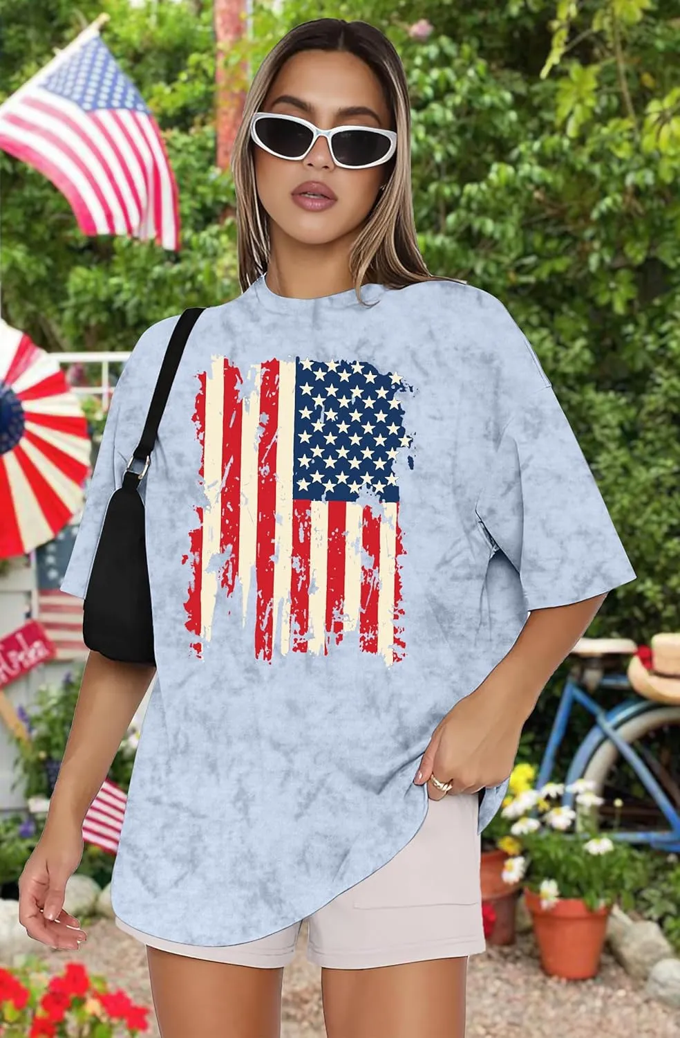 American Flag Shirt: USA Shirt for Women Oversized 4th of July Shirts Patriotic T-Shirt Bleached Short Sleeve Tops