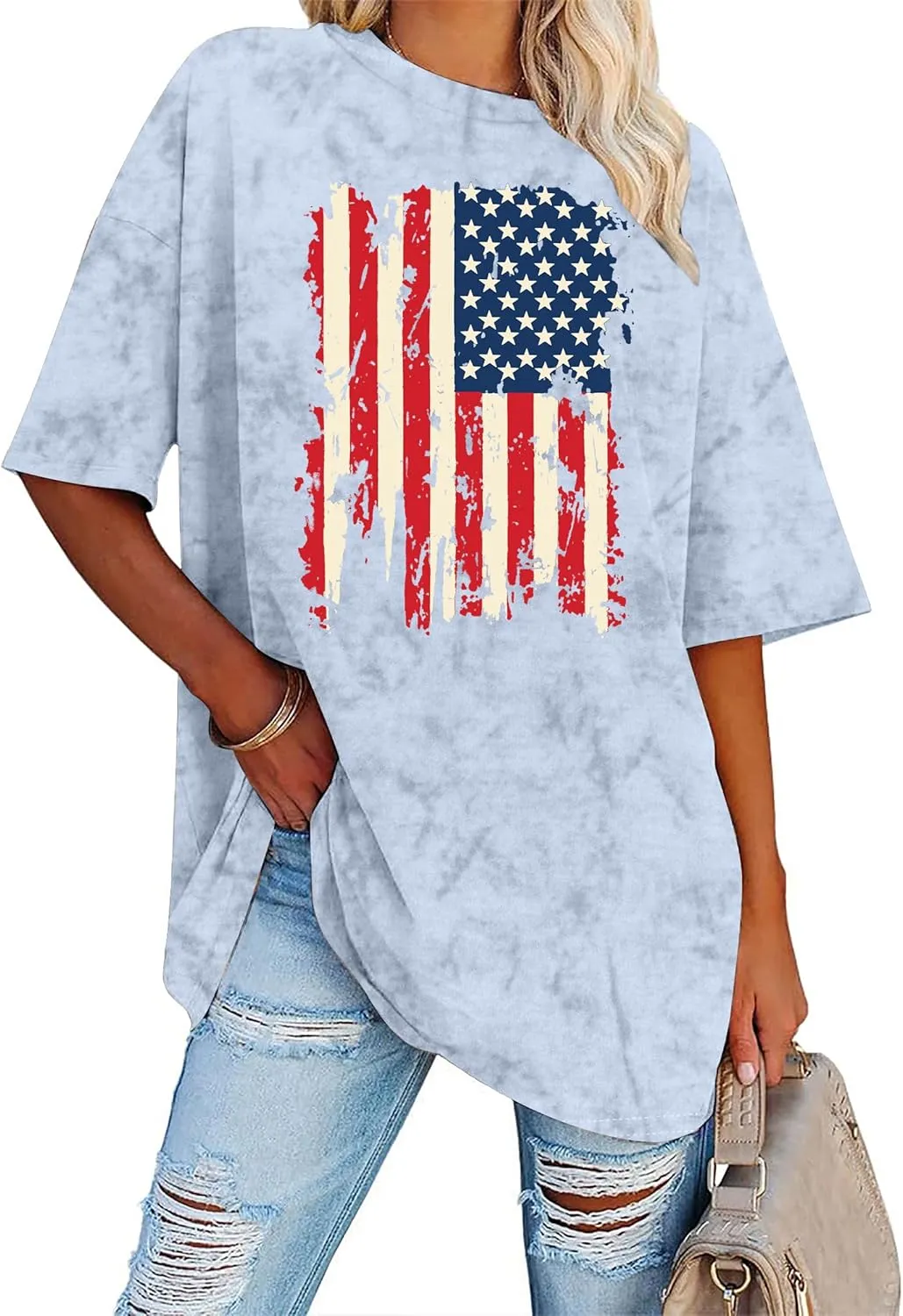 American Flag Shirt: USA Shirt for Women Oversized 4th of July Shirts Patriotic T-Shirt Bleached Short Sleeve Tops
