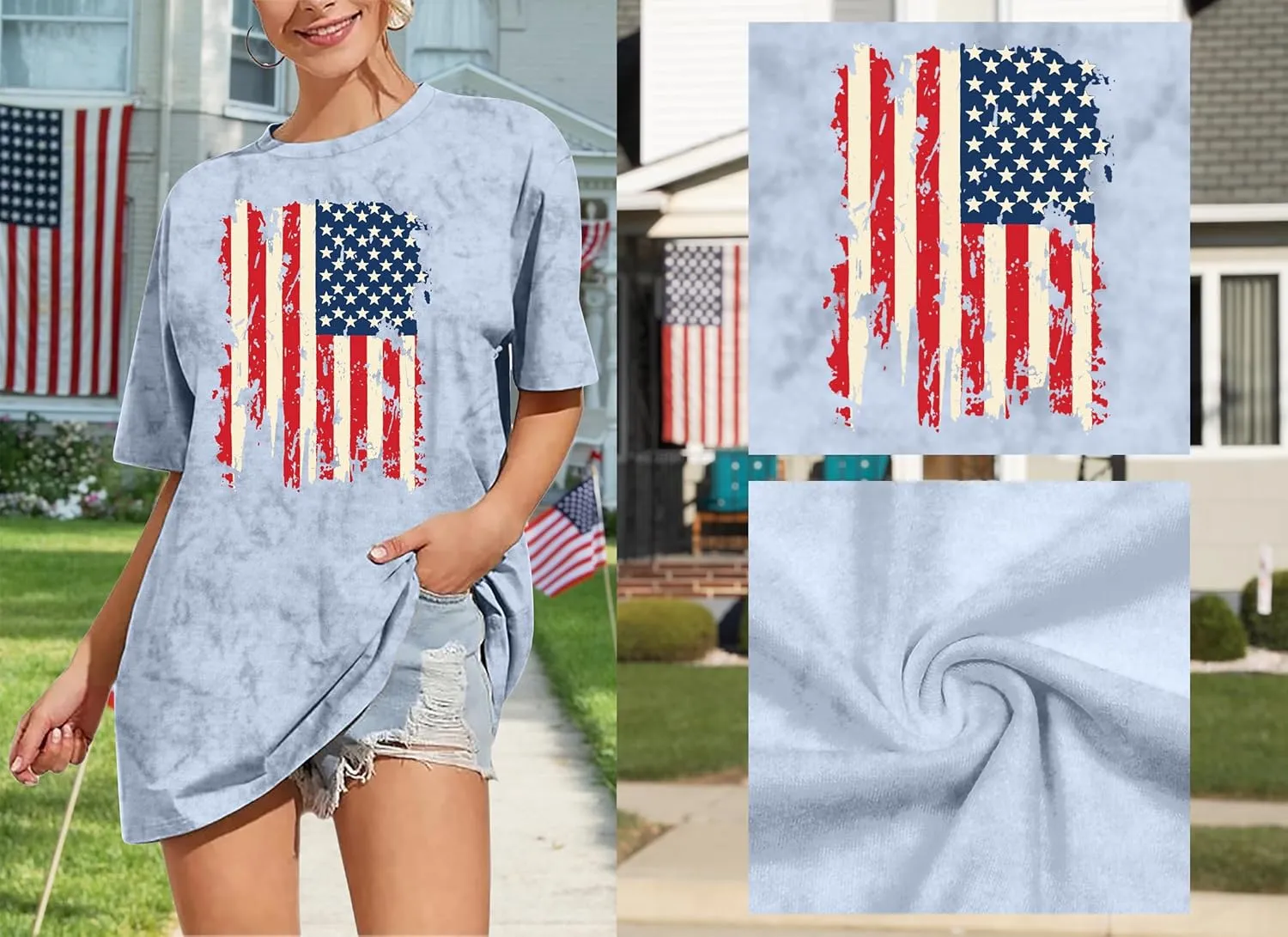 American Flag Shirt: USA Shirt for Women Oversized 4th of July Shirts Patriotic T-Shirt Bleached Short Sleeve Tops