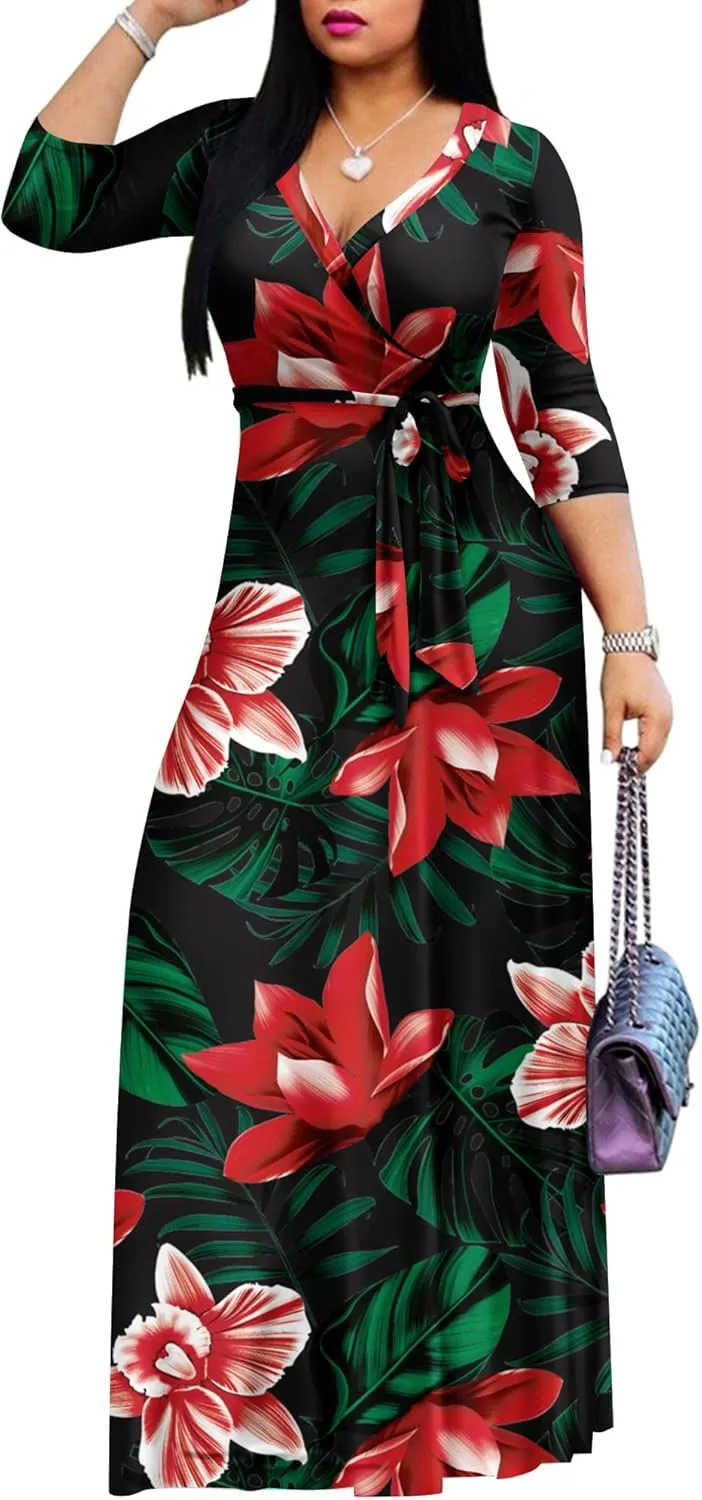 AOMONI Women's Floral Print Maxi Dresses Summer with Pockets Casual 3 4 Sleeve V-Neck Wrap Tie Waist Long Dress, M-3XL