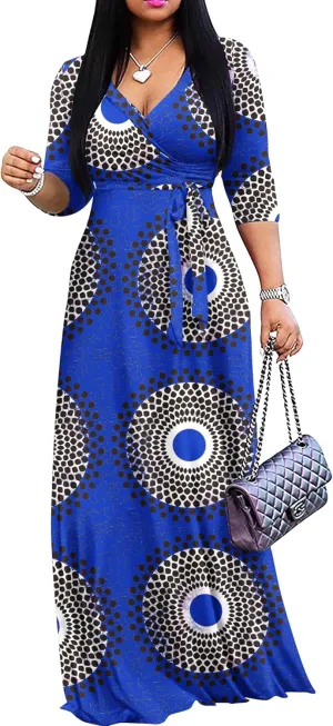 AOMONI Women's Floral Print Maxi Dresses Summer with Pockets Casual 3 4 Sleeve V-Neck Wrap Tie Waist Long Dress, M-3XL