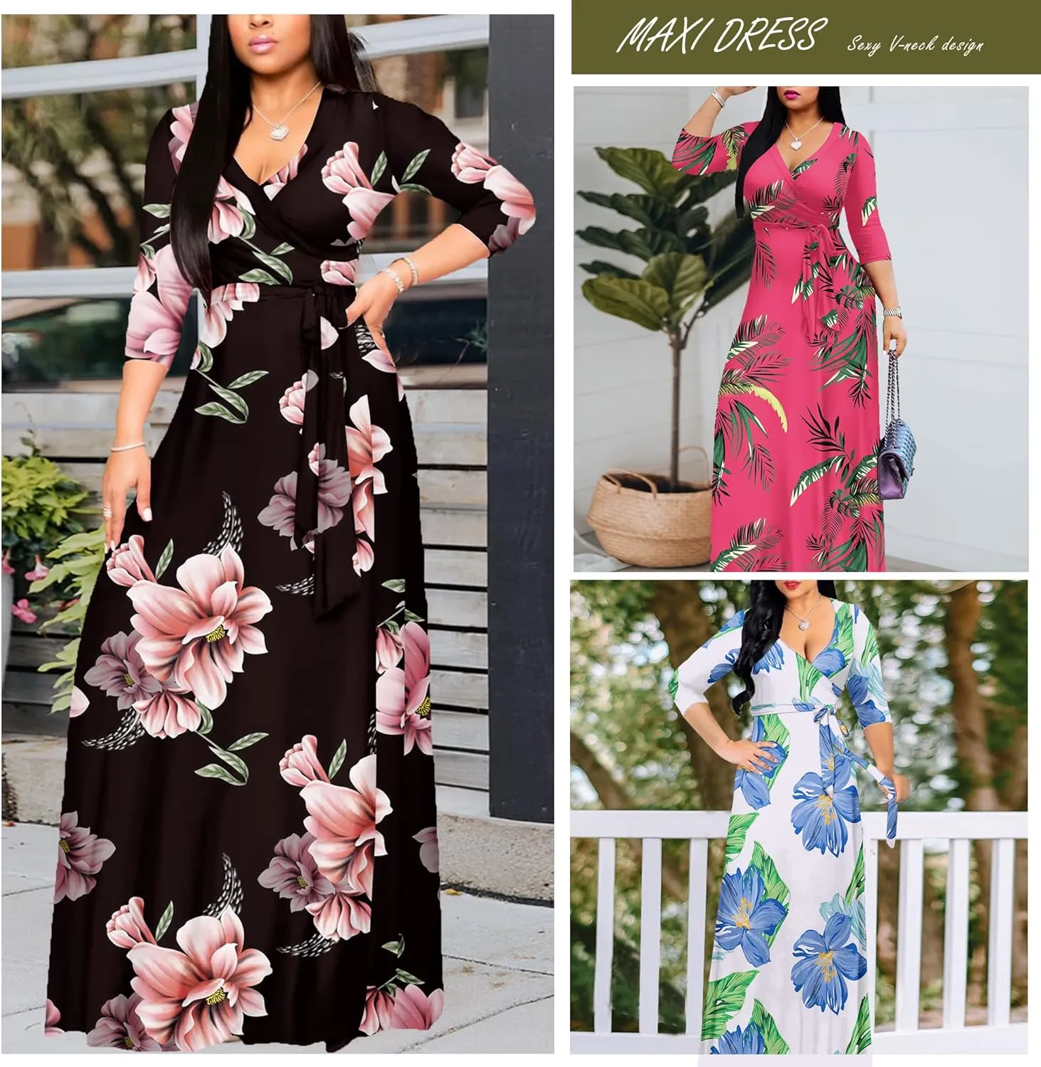 AOMONI Women's Floral Print Maxi Dresses Summer with Pockets Casual 3 4 Sleeve V-Neck Wrap Tie Waist Long Dress, M-3XL