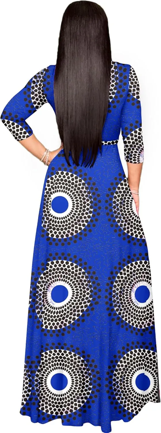 AOMONI Women's Floral Print Maxi Dresses Summer with Pockets Casual 3 4 Sleeve V-Neck Wrap Tie Waist Long Dress, M-3XL