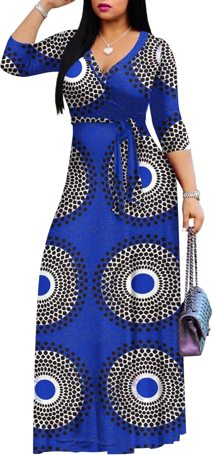 AOMONI Women's Floral Print Maxi Dresses Summer with Pockets Casual 3 4 Sleeve V-Neck Wrap Tie Waist Long Dress, M-3XL