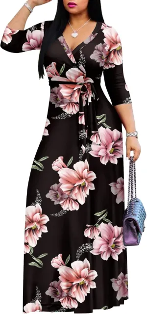 AOMONI Women's Floral Print Maxi Dresses Summer with Pockets Casual 3 4 Sleeve V-Neck Wrap Tie Waist Long Dress, M-3XL