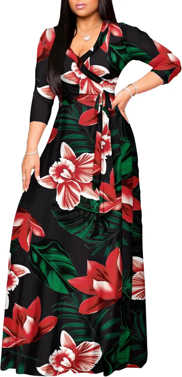 AOMONI Women's Floral Print Maxi Dresses Summer with Pockets Casual 3 4 Sleeve V-Neck Wrap Tie Waist Long Dress, M-3XL
