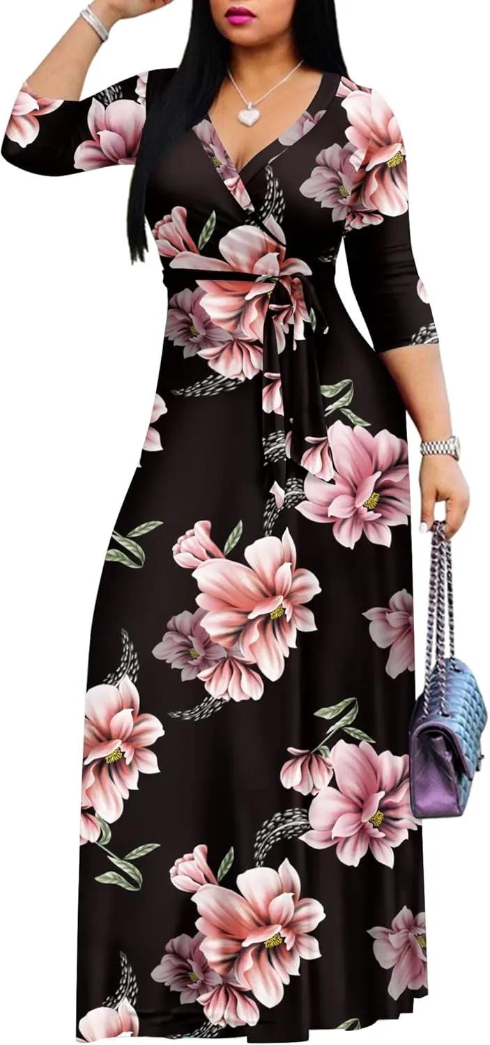 AOMONI Women's Floral Print Maxi Dresses Summer with Pockets Casual 3 4 Sleeve V-Neck Wrap Tie Waist Long Dress, M-3XL
