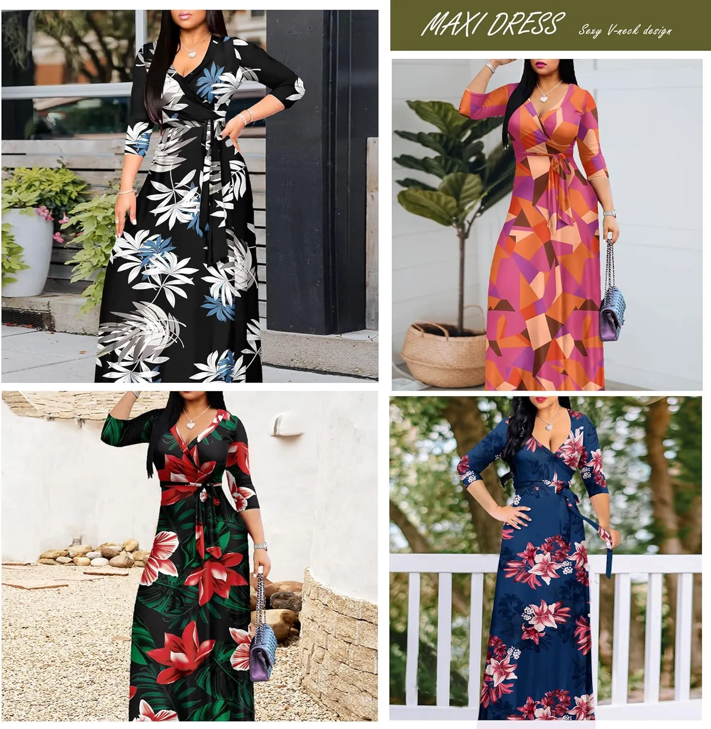 AOMONI Women's Floral Print Maxi Dresses Summer with Pockets Casual 3 4 Sleeve V-Neck Wrap Tie Waist Long Dress, M-3XL