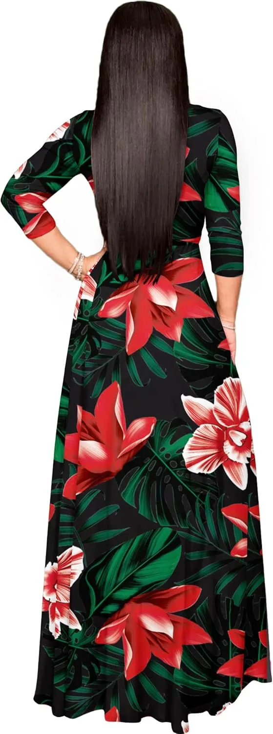 AOMONI Women's Floral Print Maxi Dresses Summer with Pockets Casual 3 4 Sleeve V-Neck Wrap Tie Waist Long Dress, M-3XL