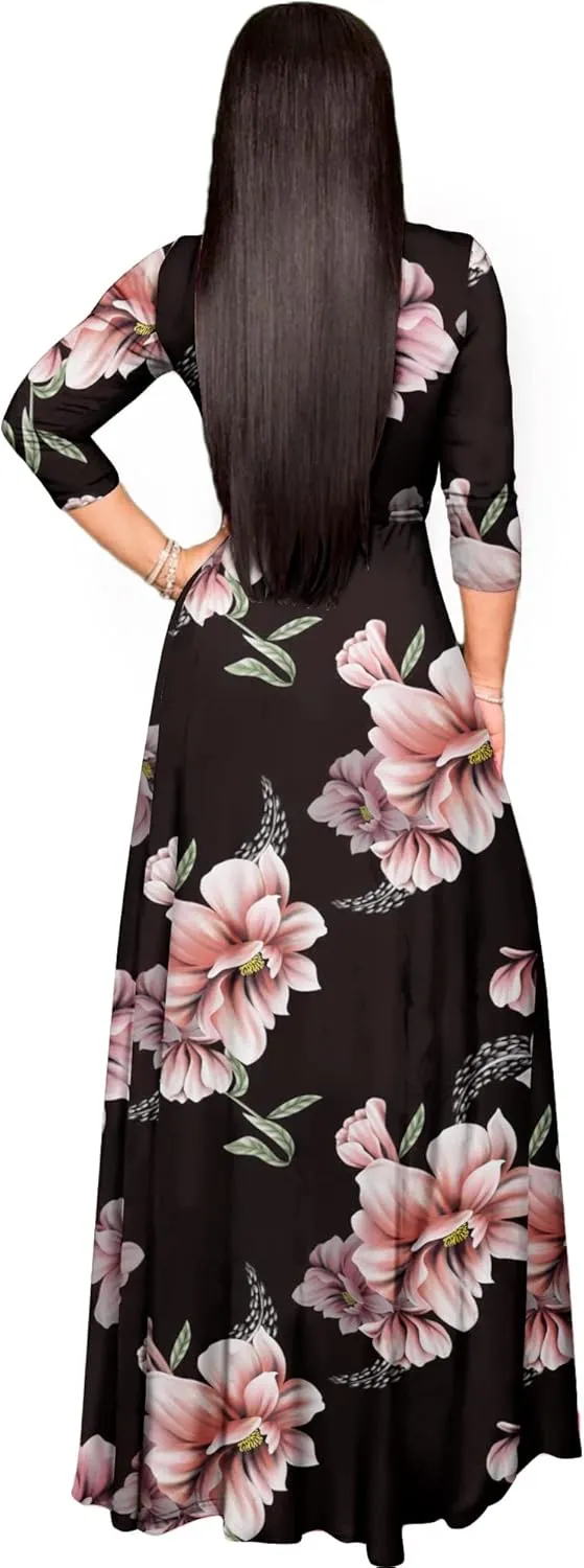 AOMONI Women's Floral Print Maxi Dresses Summer with Pockets Casual 3 4 Sleeve V-Neck Wrap Tie Waist Long Dress, M-3XL