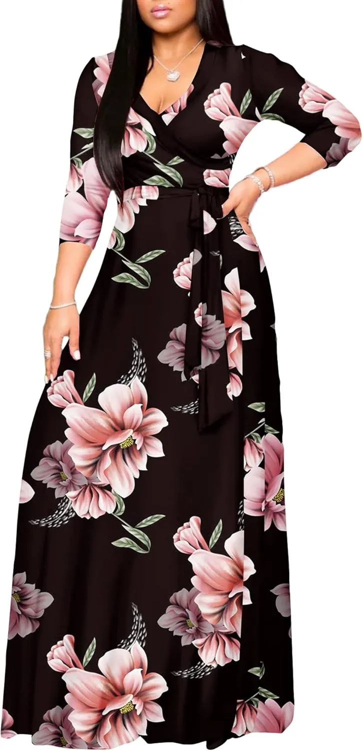 AOMONI Women's Floral Print Maxi Dresses Summer with Pockets Casual 3 4 Sleeve V-Neck Wrap Tie Waist Long Dress, M-3XL