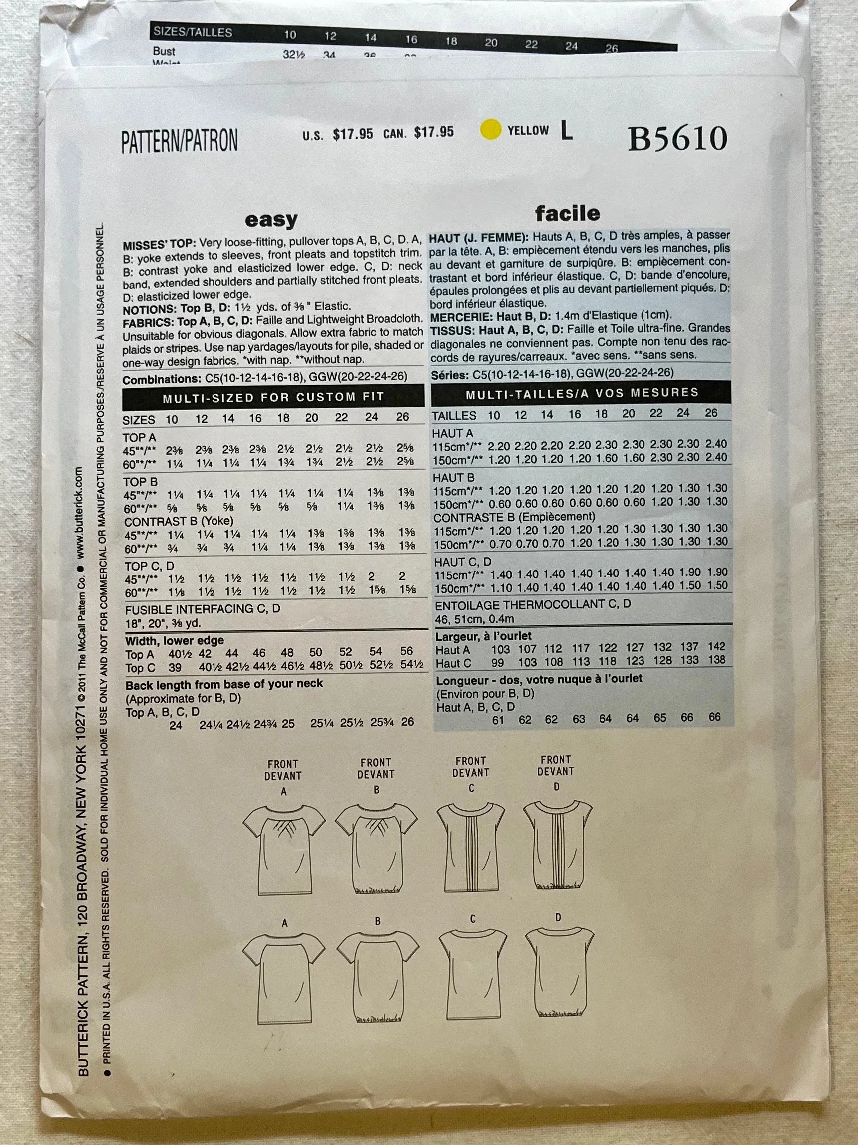 Butterick B5610 UNCUT Blouse Sizes 10-18