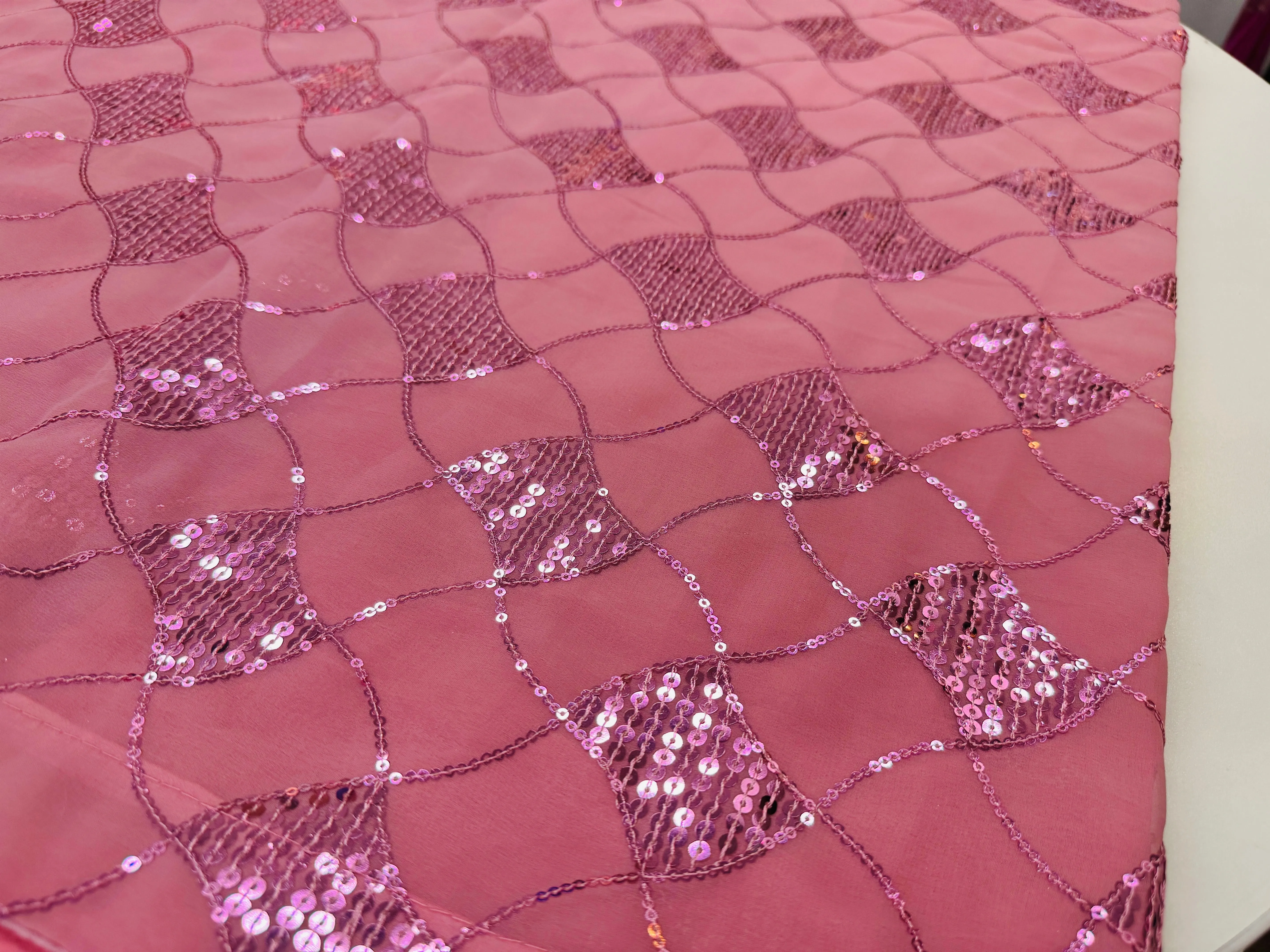 Charming Pink Chiffon Saree with Geometric Sequin Embellishments