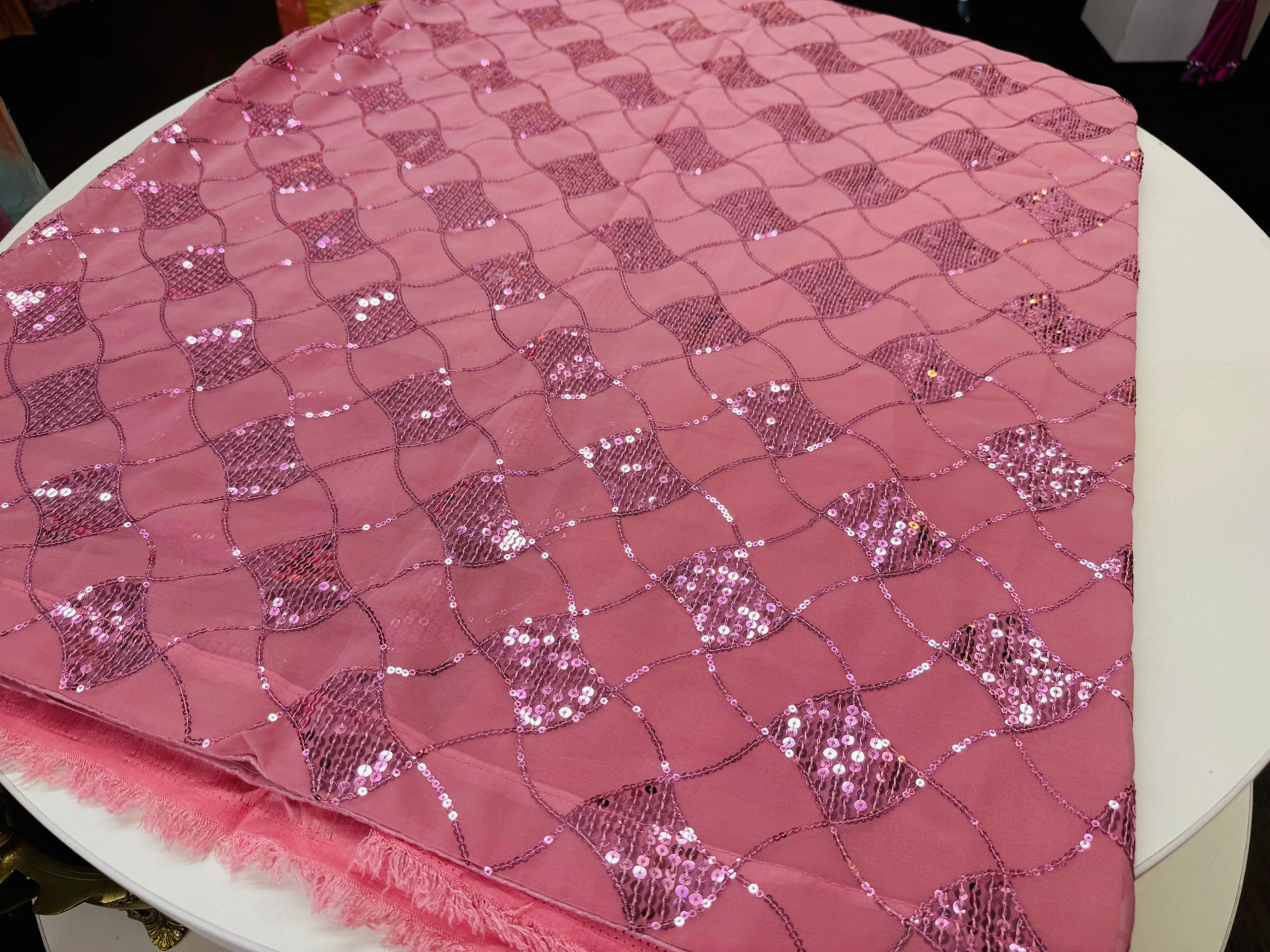 Charming Pink Chiffon Saree with Geometric Sequin Embellishments