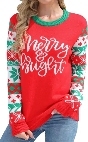 Christmas Sweaters for Women: Merry and Bright Sweatshirt Merry Christmas Long Sleeve Pullover Tops