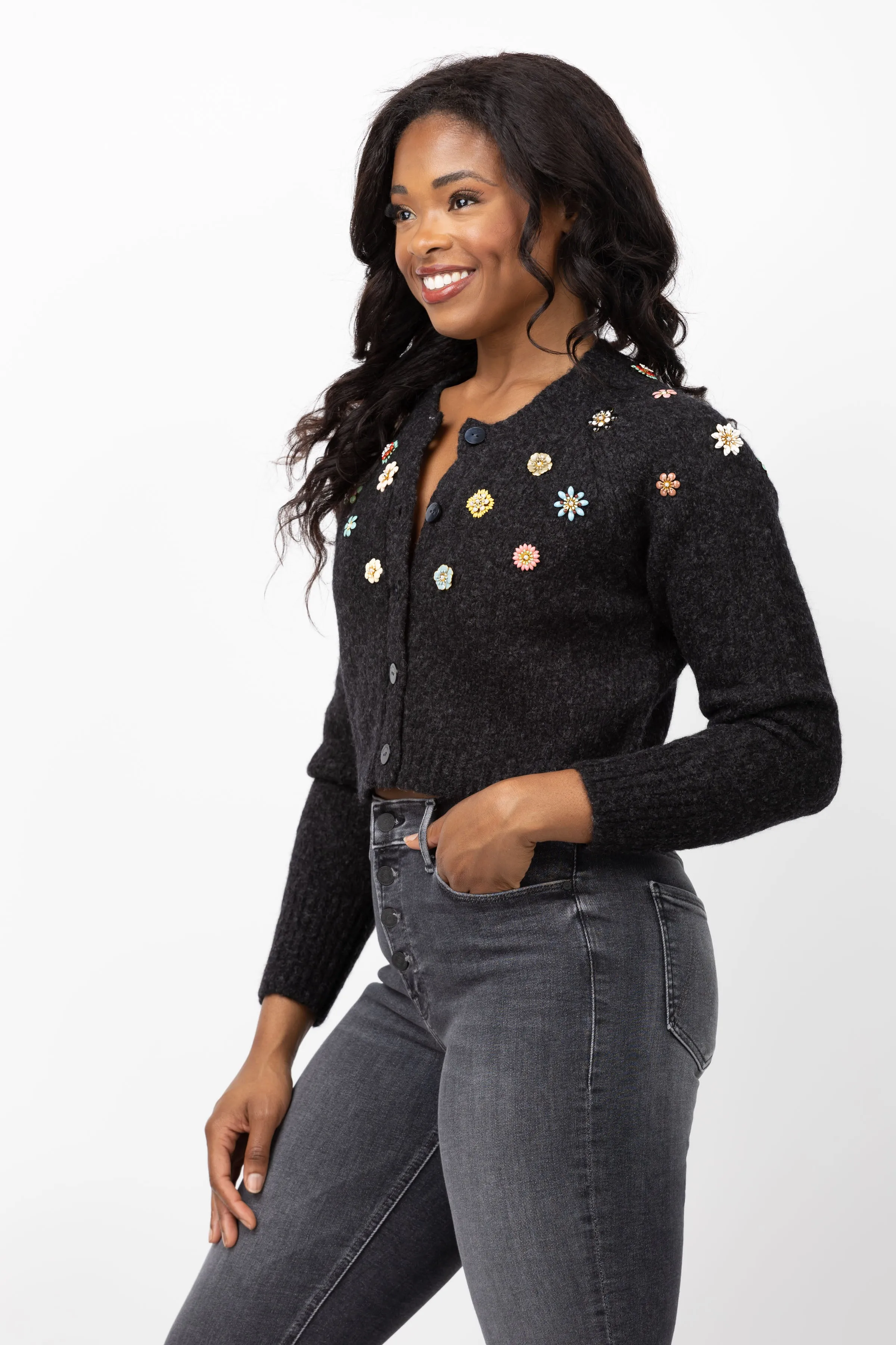 Cinq a Sept Millie Clustered Enamel Flower Cropped Cardigan in Charcoal