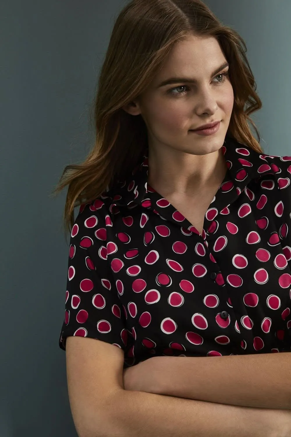 Circle Print Open Collar Blouse