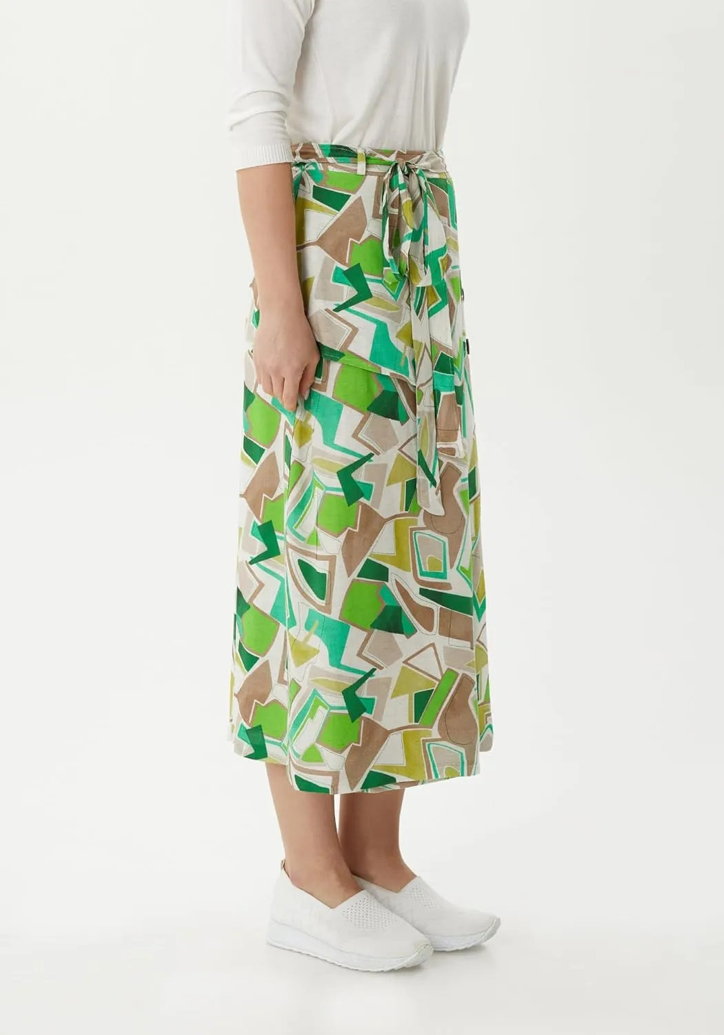 G-Line Guzella Button-Front Belted Midi Skirt with Geometric Shapes Summer Skirt
