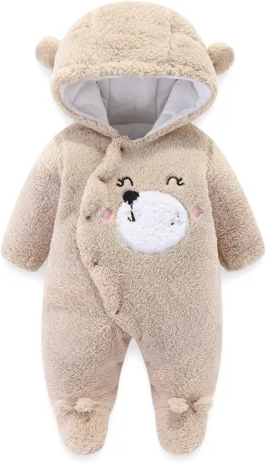 Infant Baby Boys Girls Jumpsuit Hooded Fleece Rompers Cute Bear Pattern Long Sleeve Footie Outwear Winter Outfits