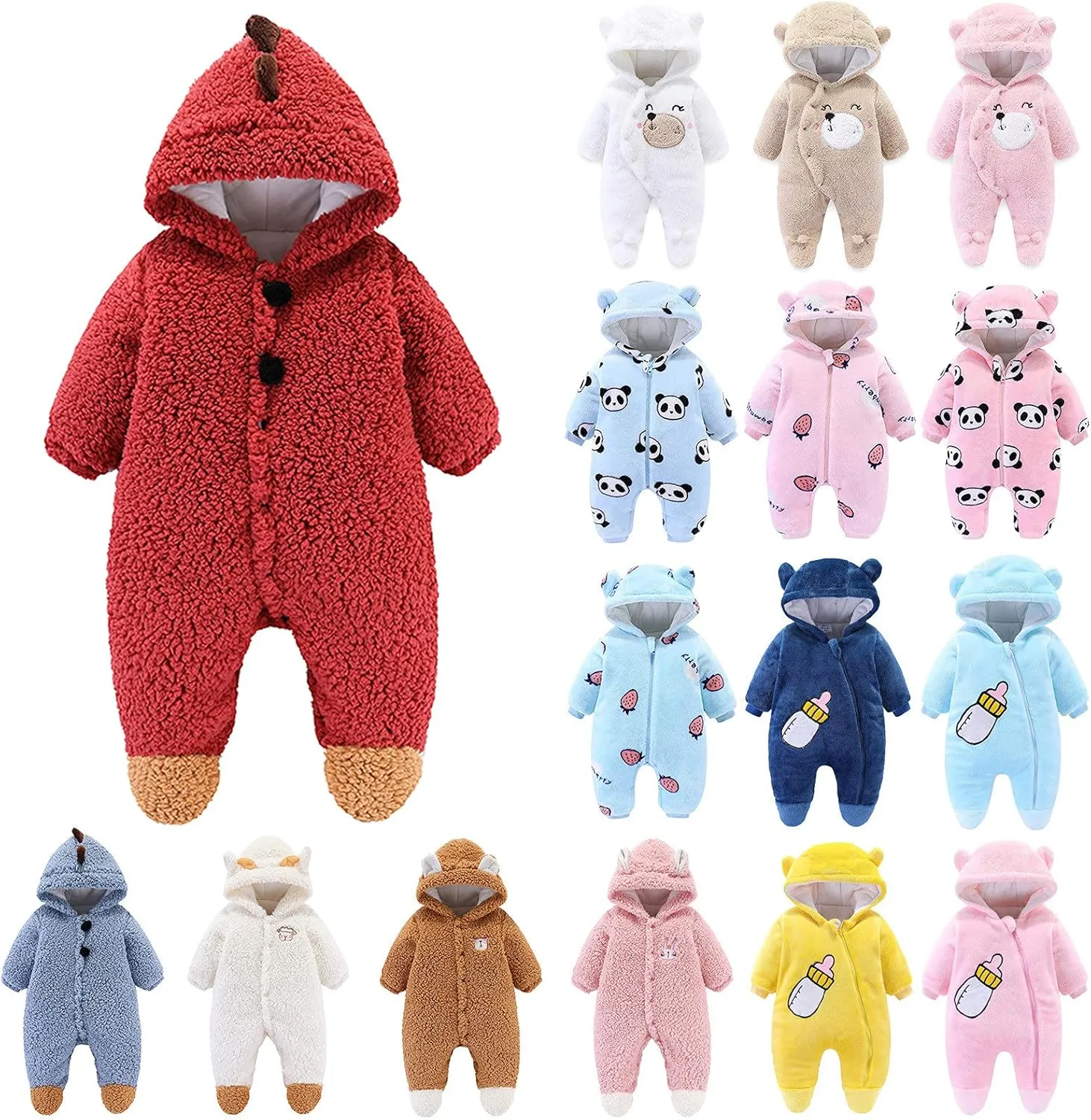 Infant Baby Boys Girls Jumpsuit Hooded Fleece Rompers Cute Bear Pattern Long Sleeve Footie Outwear Winter Outfits