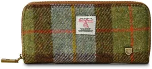 Islander HarrisTweed & PU Leather women’s long zip purse, Chestnut and Blue Tartan, Carry Cash & card, Scottish Style