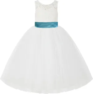 Ivory Lace V-Back Tulle Flower Girl Dress for Church Party Dresses 212noFT