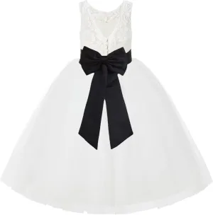 Ivory Lace V-Back Tulle Flower Girl Dress for Church Party Dresses 212noFT