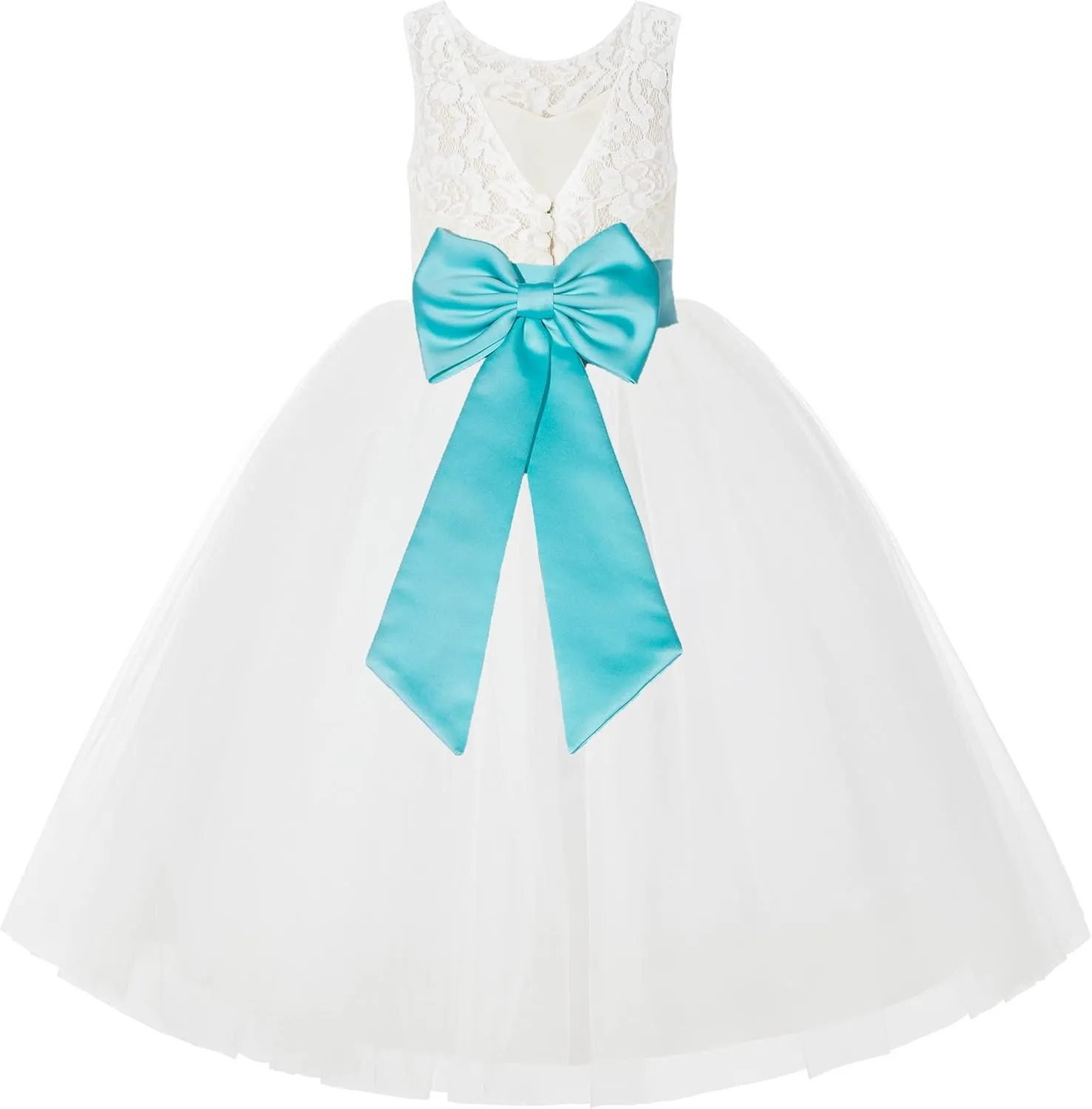 Ivory Lace V-Back Tulle Flower Girl Dress for Church Party Dresses 212noFT