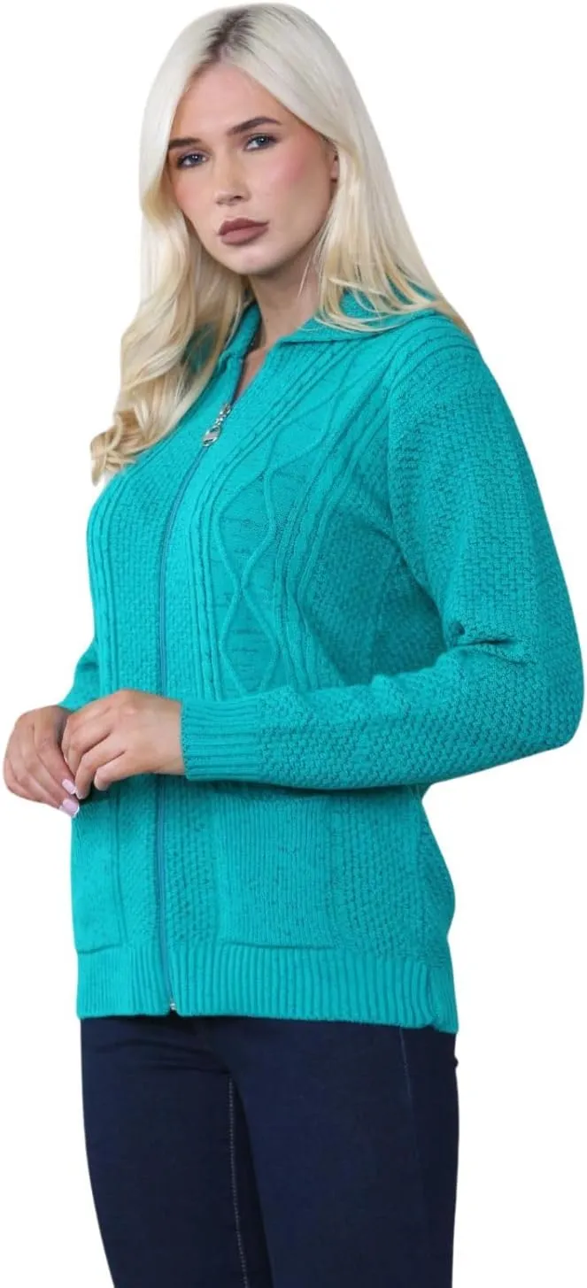 Ladies Long Sleeve Zipper Collared Knitted Cable Womens Jumper Knitted Sweater Pull Over Jumper Top Knit Warm