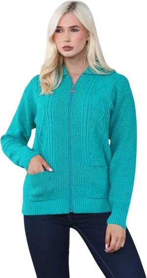 Ladies Long Sleeve Zipper Collared Knitted Cable Womens Jumper Knitted Sweater Pull Over Jumper Top Knit Warm