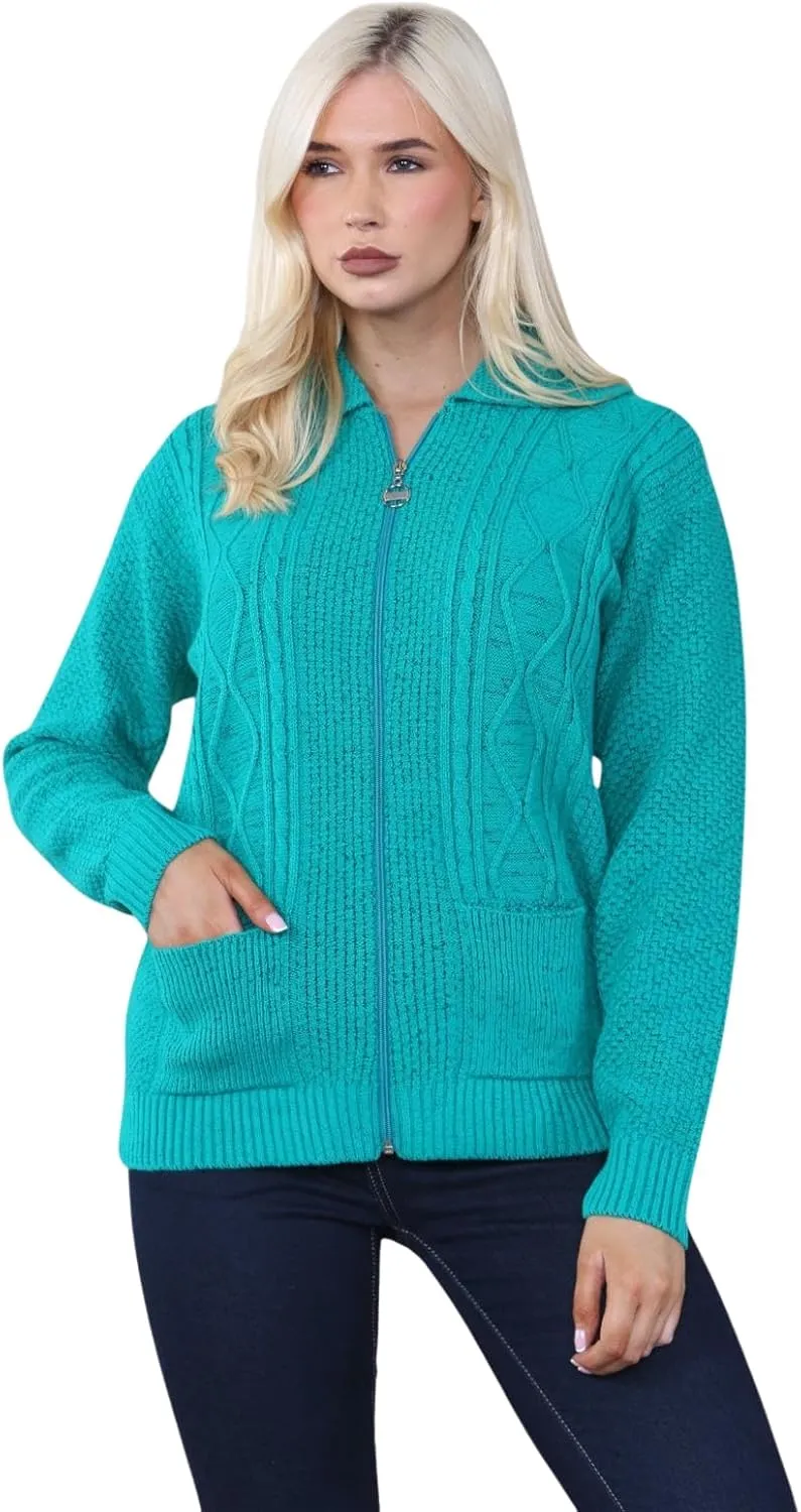 Ladies Long Sleeve Zipper Collared Knitted Cable Womens Jumper Knitted Sweater Pull Over Jumper Top Knit Warm