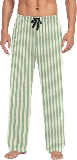 Light Green Vertical Stripes Pajama Pants for Men, Comfortable Mens Lounge Pants with Pockets, Men's Pajama Bottoms