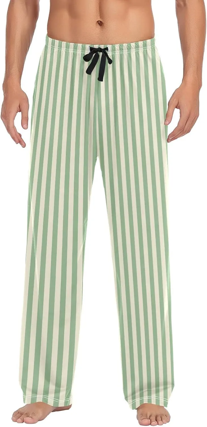 Light Green Vertical Stripes Pajama Pants for Men, Comfortable Mens Lounge Pants with Pockets, Men's Pajama Bottoms