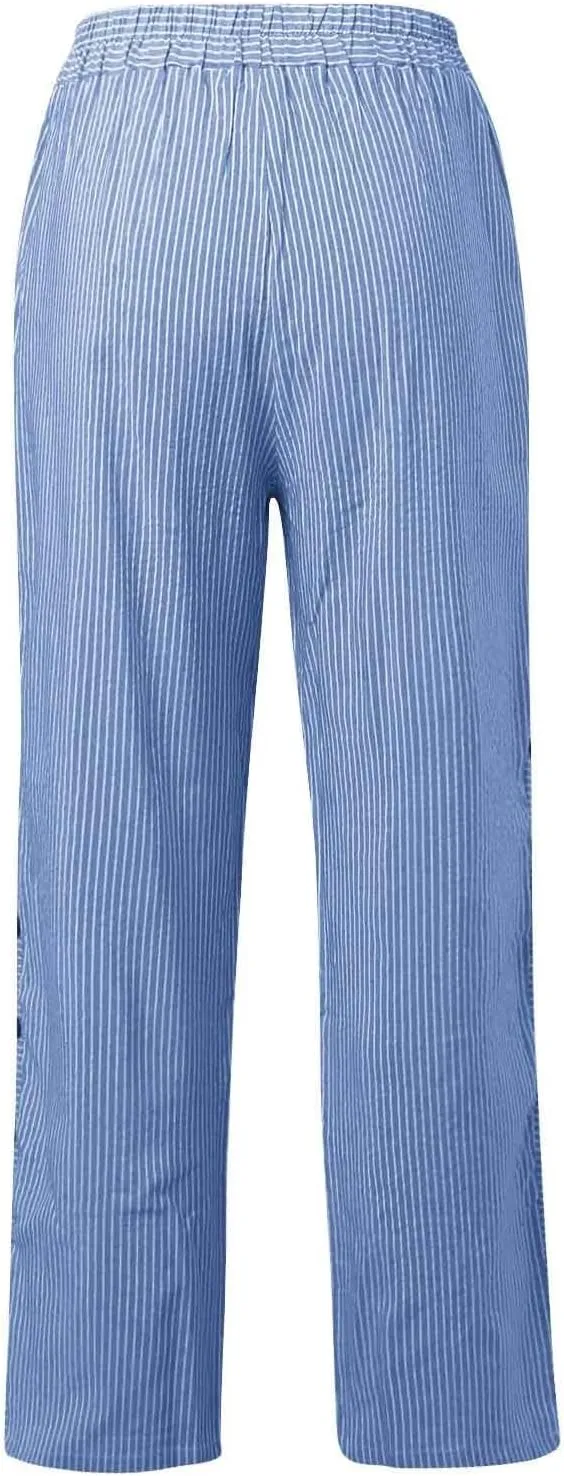 Linen Pants for Women Wide Straight Leg Striped Side Button Elastic Pants Casual Baggy Trousers with Pocket