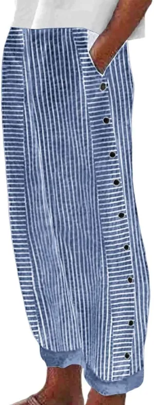 Linen Pants for Women Wide Straight Leg Striped Side Button Elastic Pants Casual Baggy Trousers with Pocket