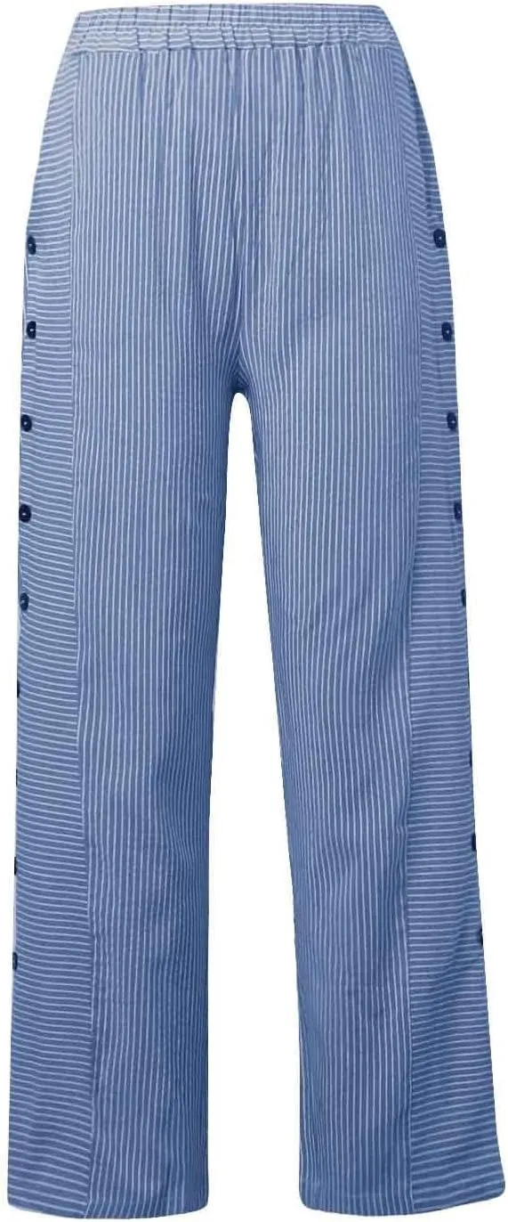 Linen Pants for Women Wide Straight Leg Striped Side Button Elastic Pants Casual Baggy Trousers with Pocket