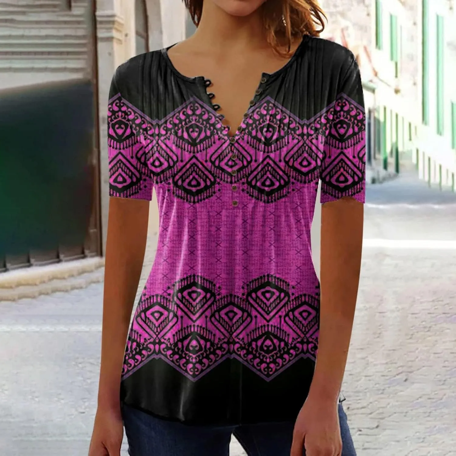 Linen Shirts for Women,Short Sleeve Tops 2025 Summer T Shirt Casual V Neck Button Printed Blouse Plus Size Tees