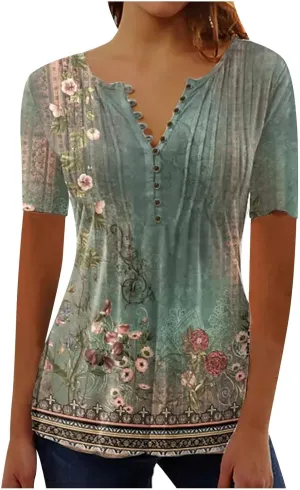Linen Shirts for Women,Tshirts Short Rolled Sleeve Pleated Button Down V Neck Casual Dressy Summer Top Work Blouses