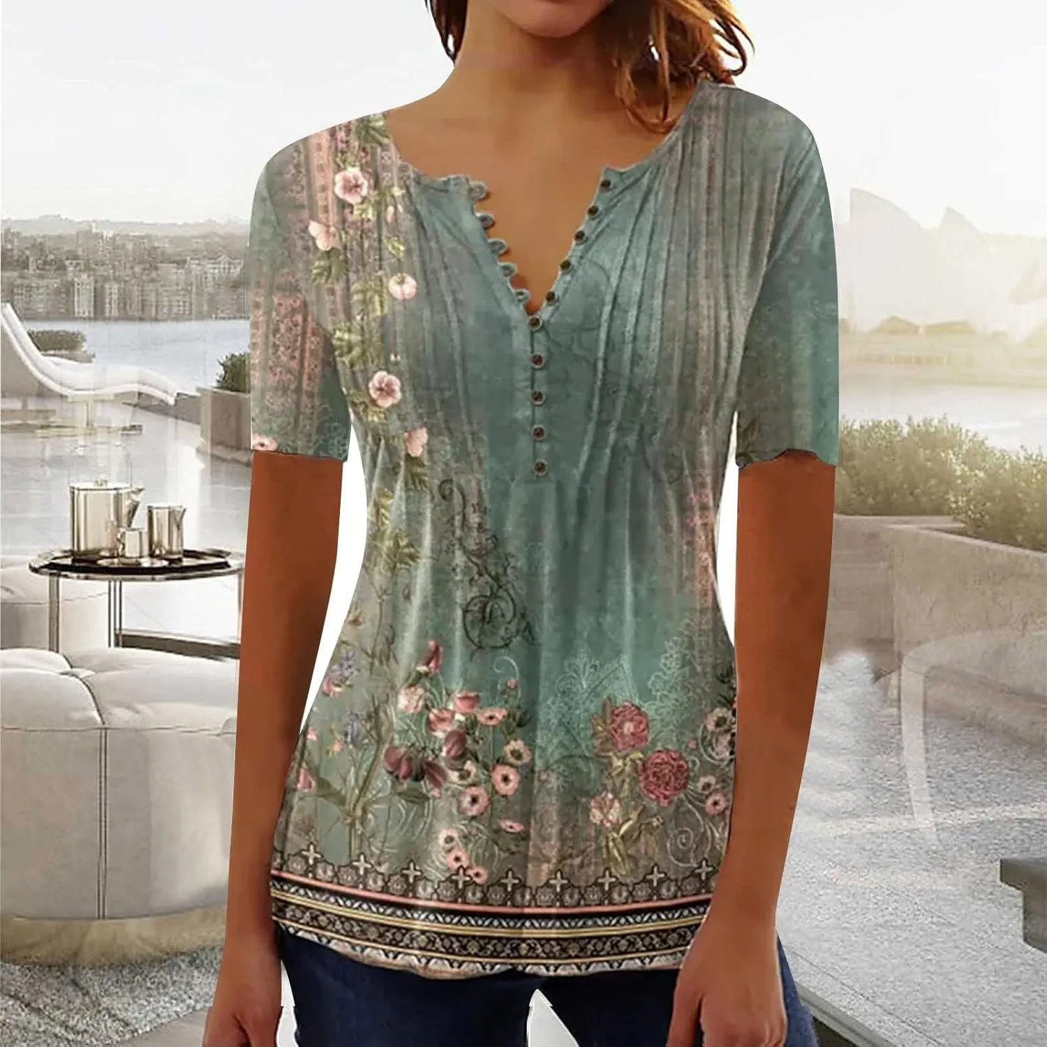 Linen Shirts for Women,Tshirts Short Rolled Sleeve Pleated Button Down V Neck Casual Dressy Summer Top Work Blouses