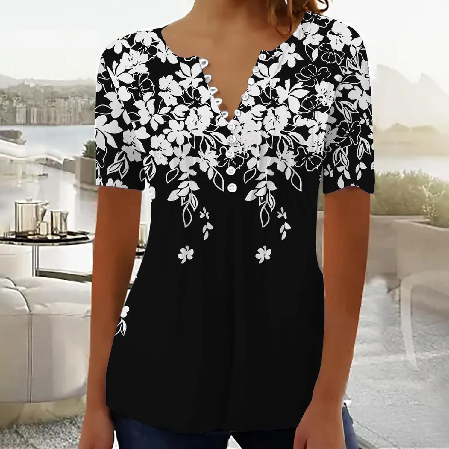 Linen Shirts for Women,Tshirts Short Rolled Sleeve Pleated Button Down V Neck Casual Dressy Summer Top Work Blouses